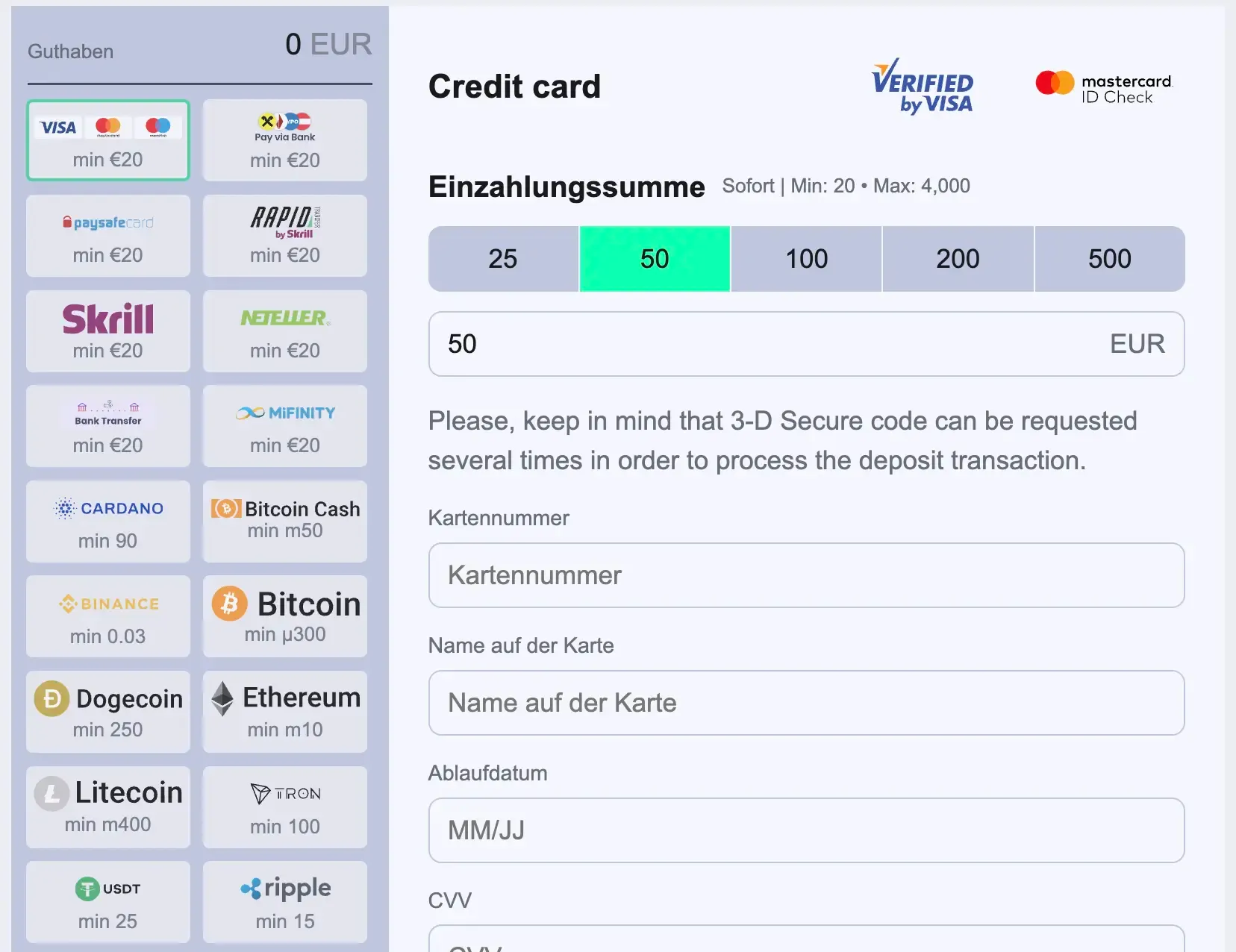 CrocoSlots Kasse und Zahlungsdaten